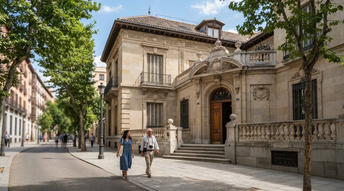 the Museo Lázaro Galdiano mansion on a quiet Salamanca street, elegant stone frontage and collector’s-house atmosphere in daylight