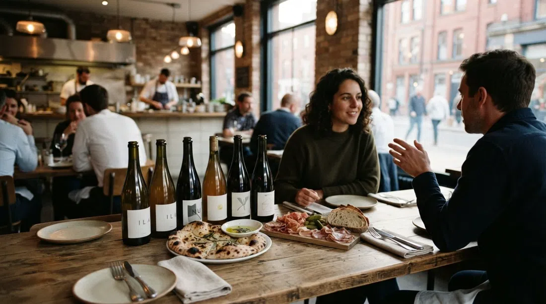 the dining room at Erst on Murray Street, natural-wine bottles lined up beside charred flatbreads and charcuterie on a simple table
