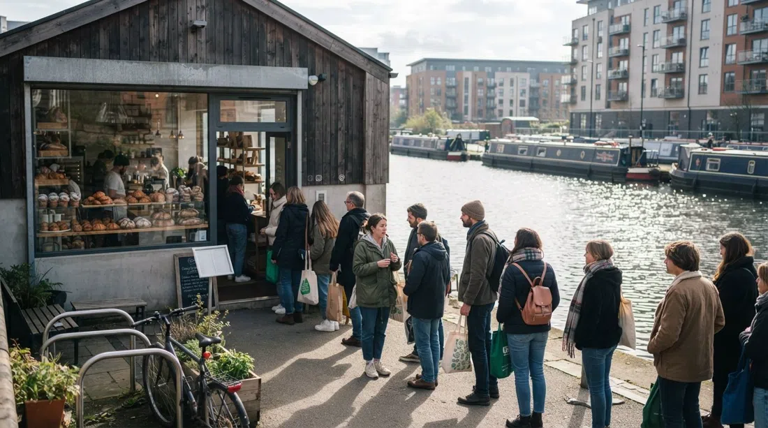 Pollen Bakery beside New Islington Marina in morning light, a queue for cruffins outside and canal water glinting behind the glass