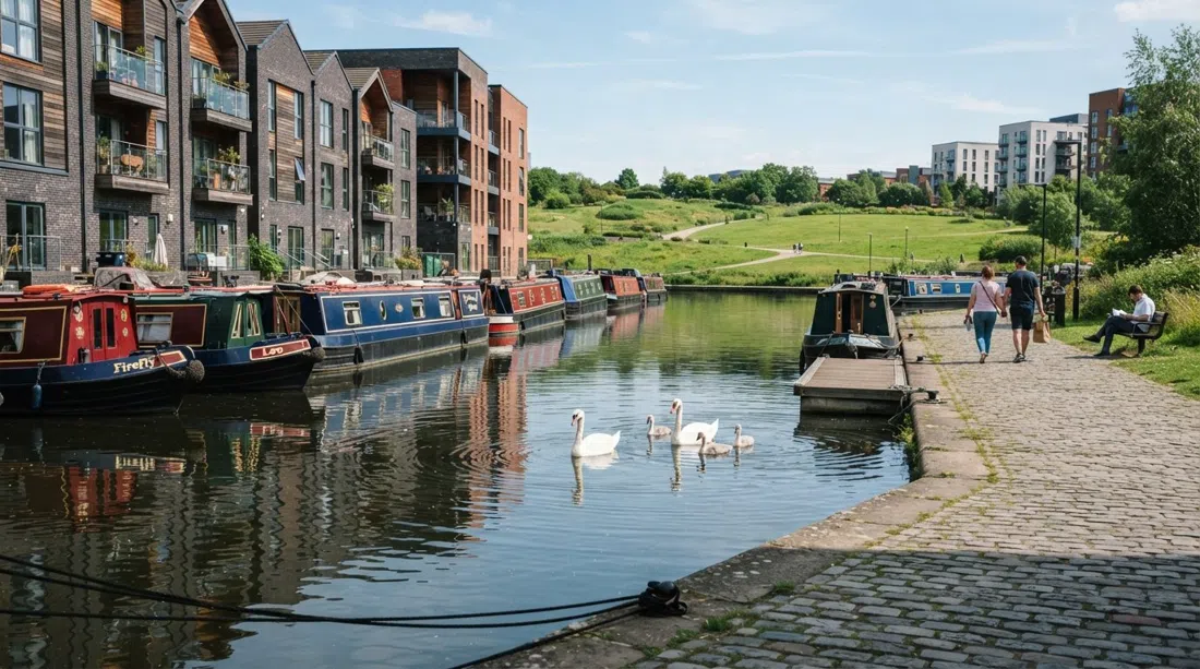 New Islington Marina on a bright afternoon, canal boats moored beside terraces and swans on the water with Cotton Field Park in the background