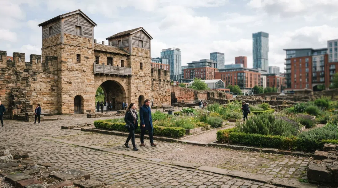 the reconstructed north gate of Castlefield Roman Fort beside the Roman garden, with cobbled ground and modern Manchester buildings beyond in soft daylight