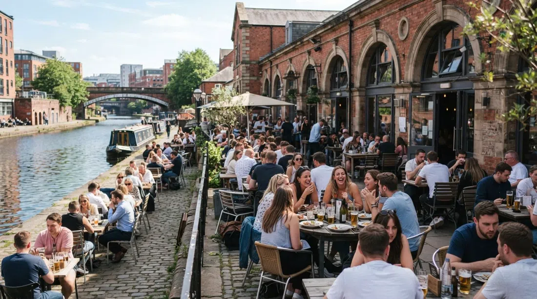 Dukes 92’s sprawling canalside courtyard at Castle Street in bright afternoon sun, tables filling the former stable block beside the water