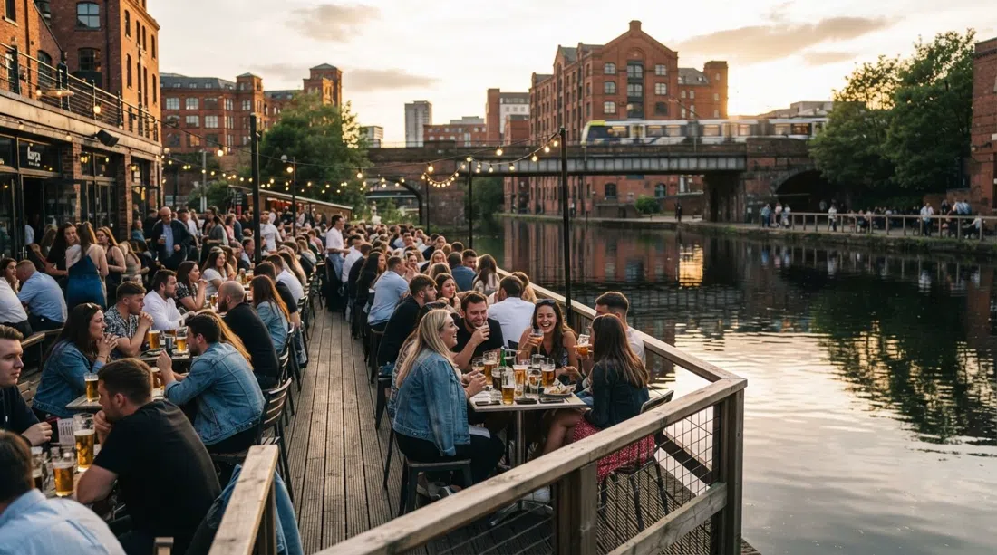Barça’s large waterside deck on Catalan Square at golden hour, tables crowded beside the canal with reflections on the water