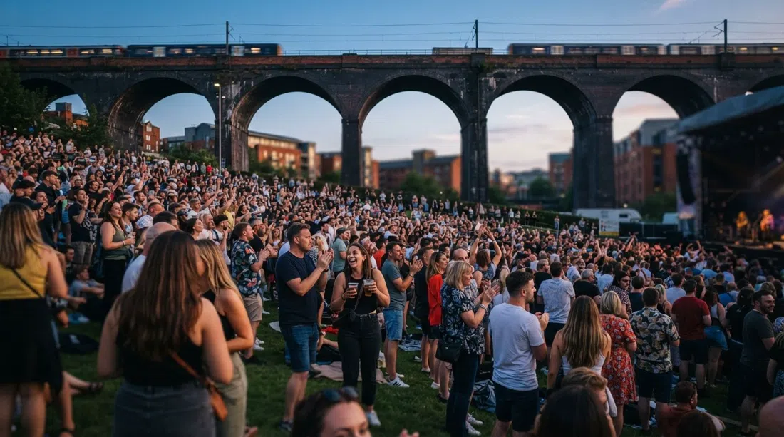 Castlefield Bowl during a summer concert, crowd on the grassed amphitheatre beneath black viaduct arches and open evening sky