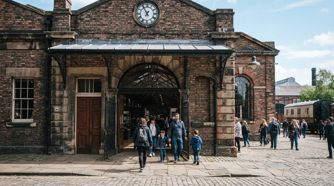 the Science and Industry Museum’s historic railway-station architecture with steam-era industrial details and visitors entering on a bright day