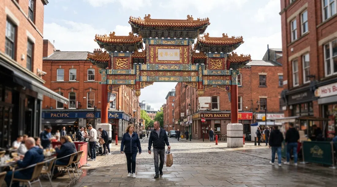 Manchester’s Imperial Chinese Arch on Faulkner Street at daylight, gold dragons and phoenixes under the three-tiered pagoda roof, with the small pedestrian square in front