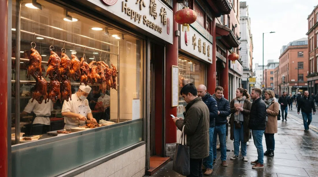 the roast-duck display at Happy Seasons on Faulkner Street, lacquer-brown meats hanging in the window and diners queuing at the door in daytime