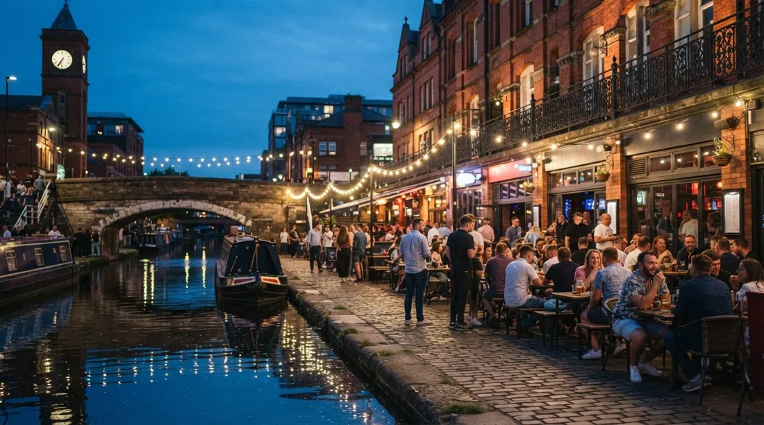 Canal Street in Manchester’s Gay Village at dusk, canal water reflecting the Victorian corners and modern bar fronts as the terraces begin to fill