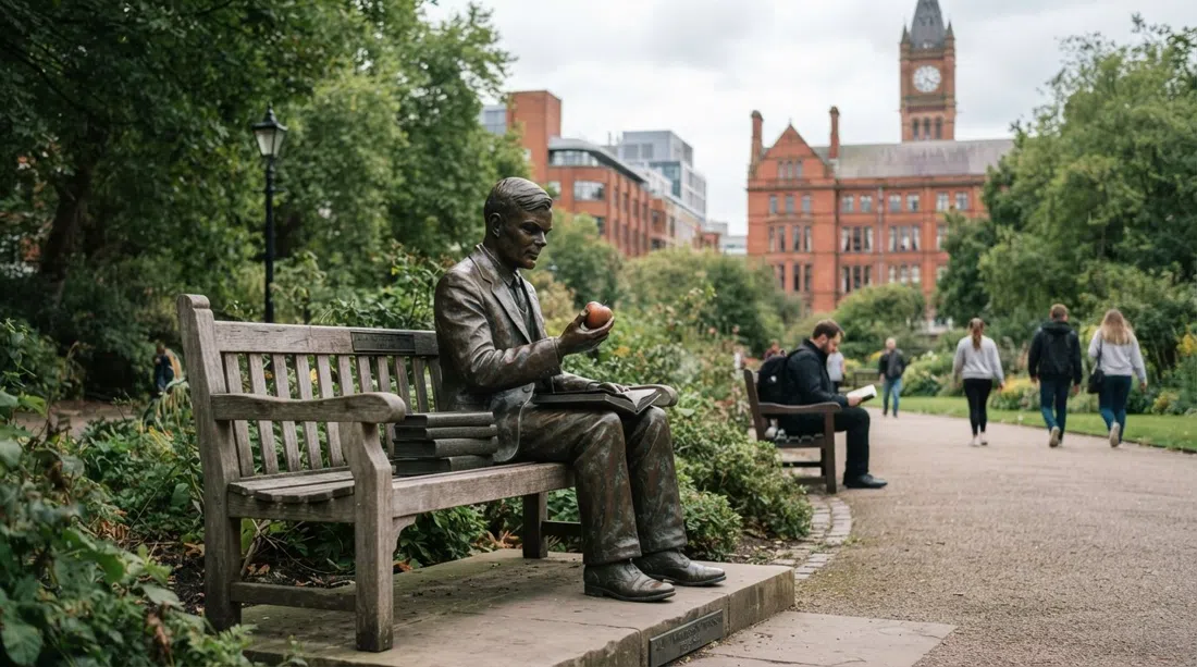the Alan Turing Memorial in Sackville Gardens, a bronze figure on a bench with quiet greenery and the city centre around it