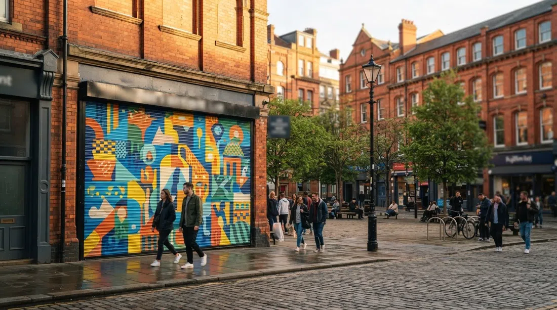 Stevenson Square in Manchester’s Northern Quarter with a fresh Outhouse Project mural on the shutters, late-afternoon light catching the brick facades and street furniture