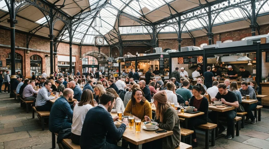 the interior of Mackie Mayor in Manchester, iron-and-glass roof above communal benches, independent food stalls serving pizza and ramen in a bustling lunch rush