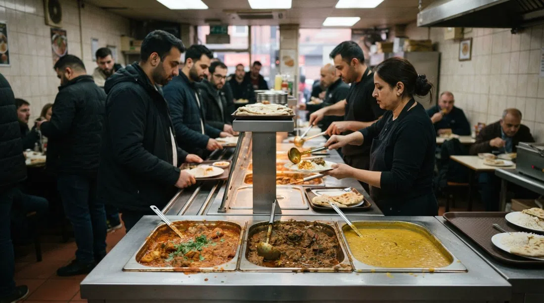 a counter at Kabana on Back Turner Street with metal trays of chicken masala, lamb karahi and daal, fluorescent canteen lighting and a no-frills lunch-service feel