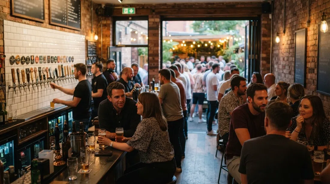 Port Street Beer House in Manchester’s Northern Quarter, a busy craft-beer bar with rotating taps and the hidden beer garden visible through the back door on a summer evening