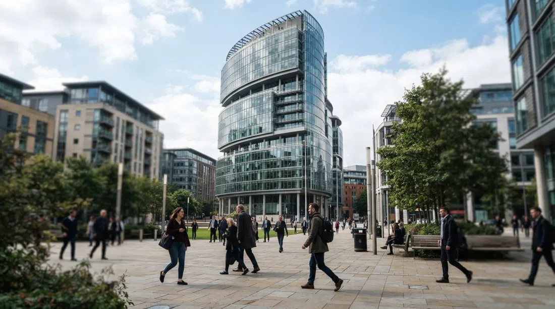 the curved-glass Civil Justice Centre in Spinningfields, its stacked “filing cabinet” profile catching daylight above the pedestrianised streets