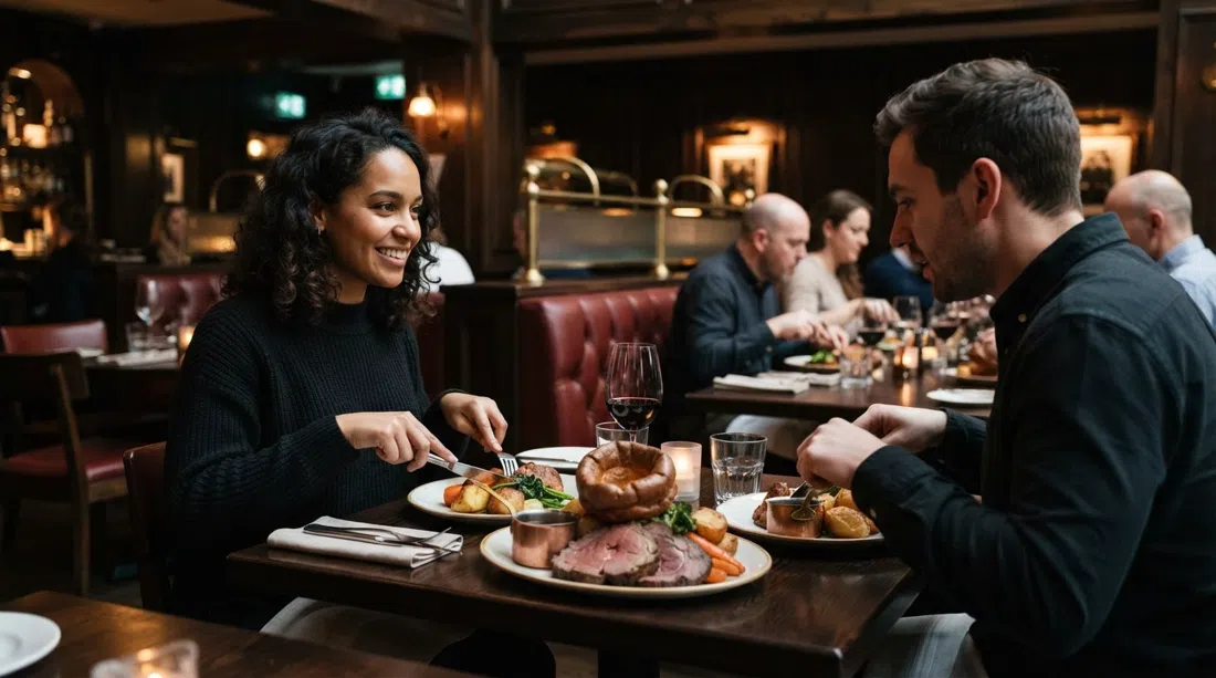 the dark-wood dining room at Hawksmoor on Deansgate, with steakhouse lighting, polished wood and a Sunday roast on the table