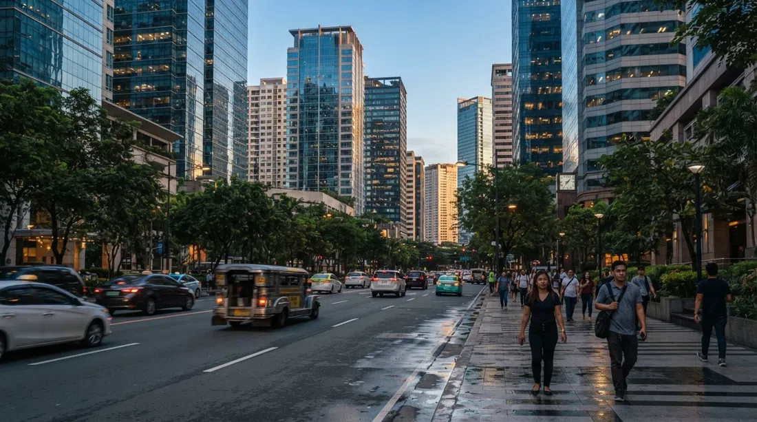 Ayala Avenue lined with glass office towers at late afternoon, traffic thinning as the business district shifts into evening