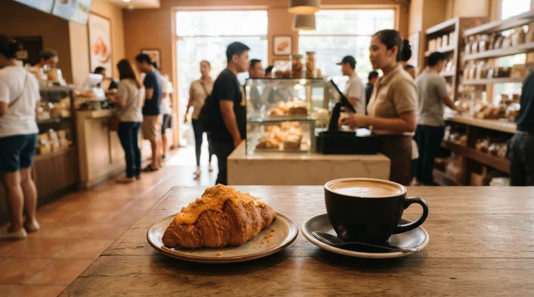 a salted-egg croissant and strong coffee at Wildflour Café + Bakery on Rada Street, morning light on a busy bakery counter