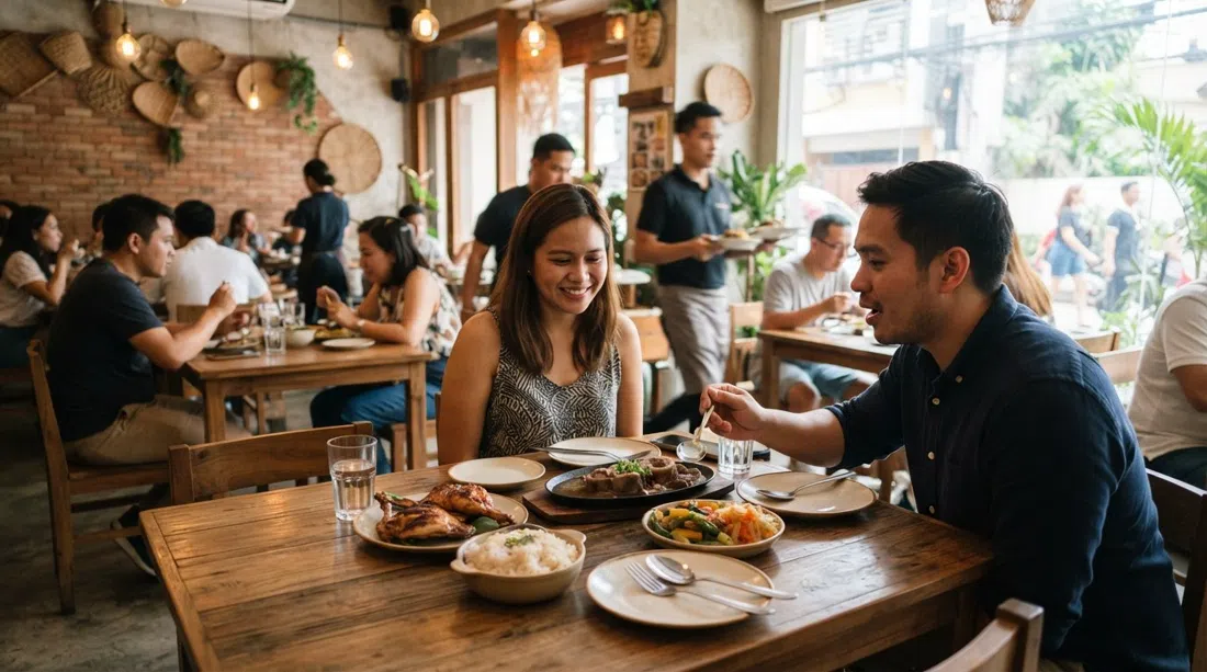 the polished dining room at Sarsa Kitchen + Bar on Rada Street, with bright casual interiors and Filipino dishes arriving at the table