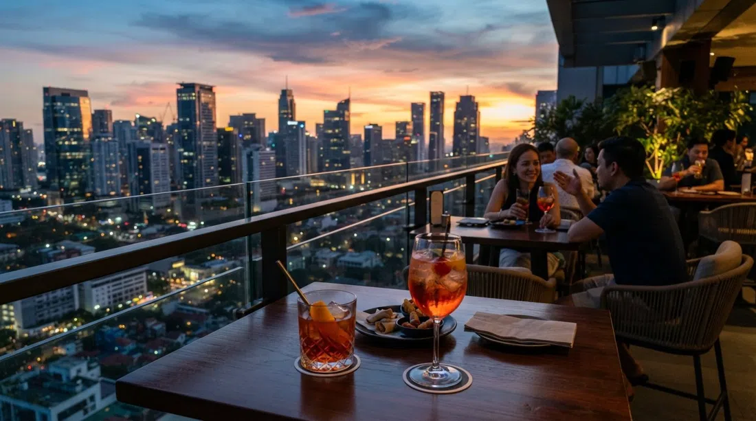 sunset from Mistral Rooftop Bar on the 10th floor of Fairmont Makati, skyline glowing behind cocktail glasses