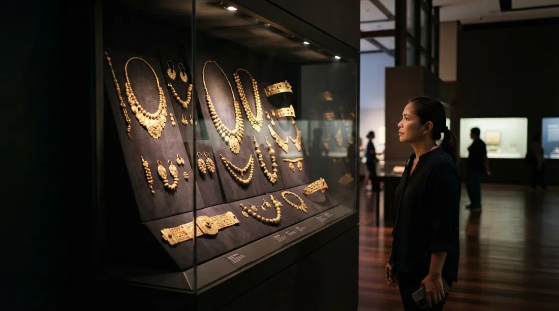 the Gold of Ancestors gallery at Ayala Museum, pre-colonial gold pieces displayed under soft museum lighting