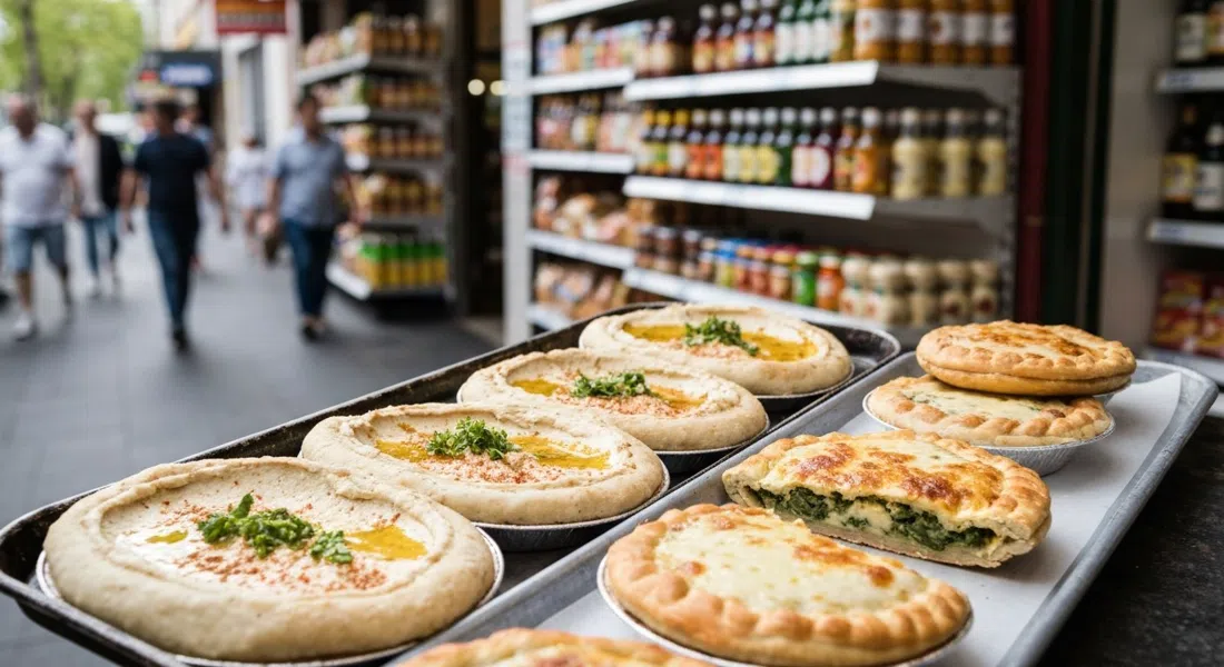 a tray of manoush and spinach-and-cheese pies at A1 Bakery on Sydney Road, fresh from the oven with a Middle Eastern grocer shelves blurred behind