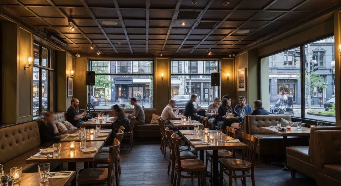 the cosy, couch-strewn dining room at Bar Oussou on Sydney Road, tables set for dinner with a small live-music setup in warm evening light