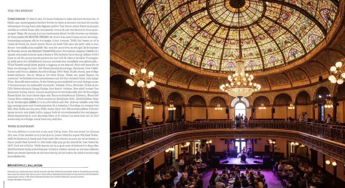 the stained-glass domes and chandeliers inside Brunswick Ballroom on Sydney Road, an upstairs hall set for a live show