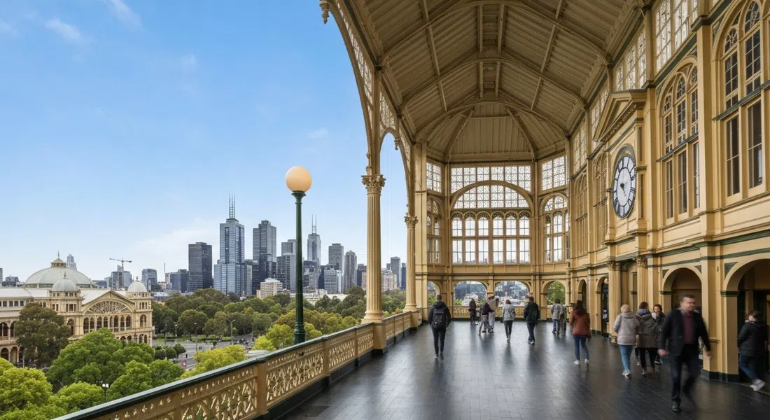 the Royal Exhibition Building Dome Promenade interior and rooftop views, looking out over Carlton Gardens to the Melbourne skyline on a clear day