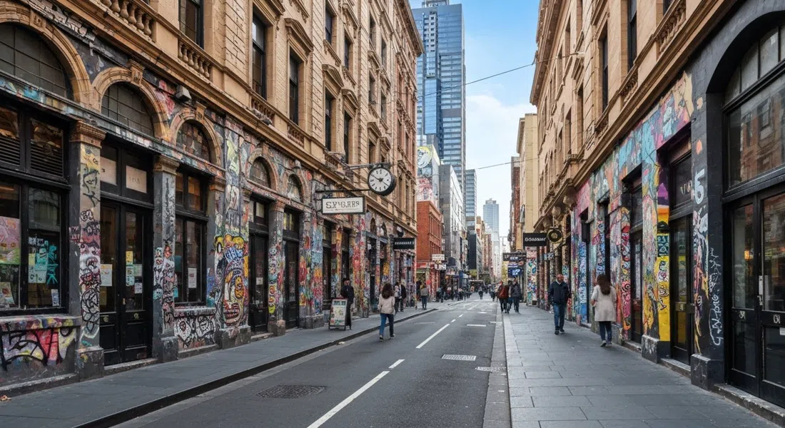 Hosier Lane opposite Federation Square, layered street art covering every wall, early light and a few passers-by before the crowds arrive