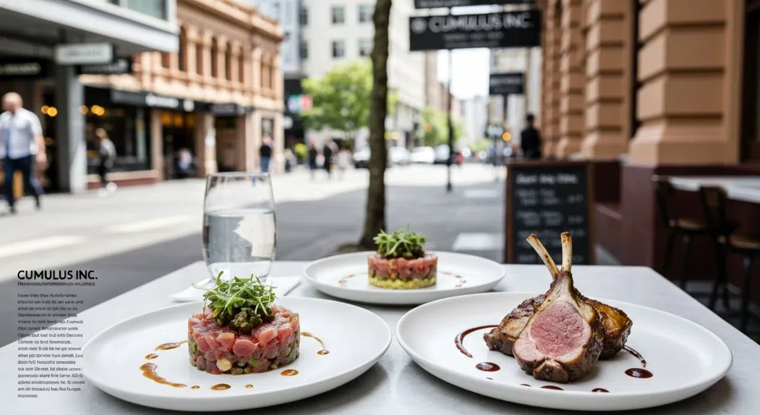 Cumulus Inc. on Flinders Lane at lunch, plates of tuna tartare and slow-roast lamb shoulder on a bright all-day dining table