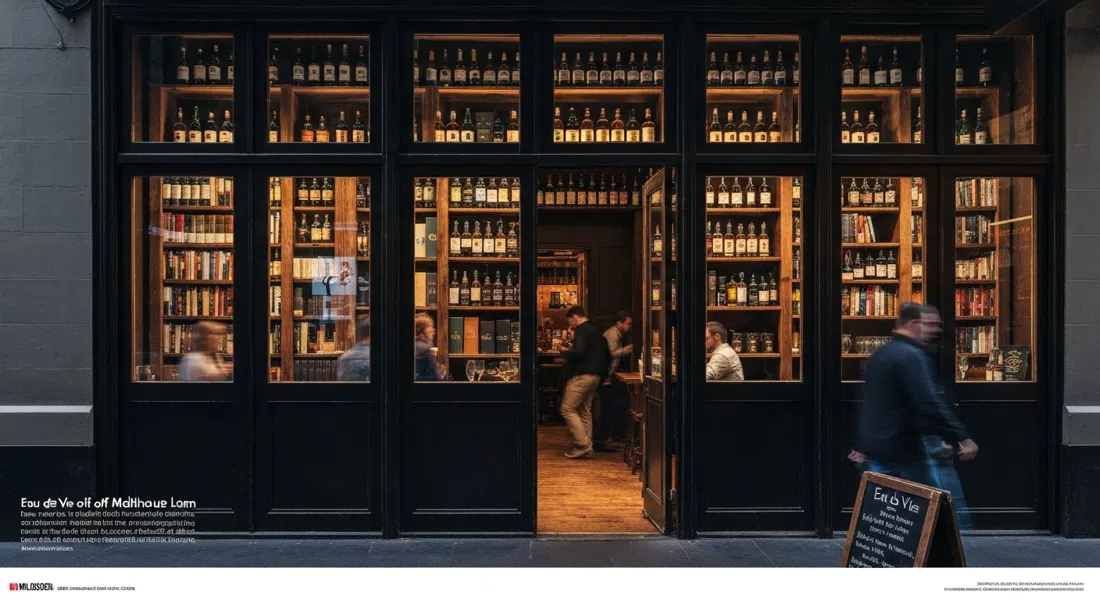 Eau de Vie off Malthouse Lane, dim speakeasy lighting, the hidden whisky room revealed behind a bookcase, bottles glowing in the dark