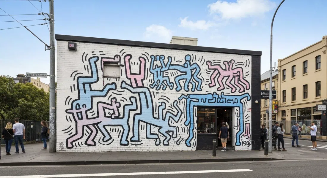 Keith Haring mural on the old Collingwood Technical School wall at Collingwood Yards, bold 1984 lines and colour in a free-to-wander arts precinct on Johnston Street
