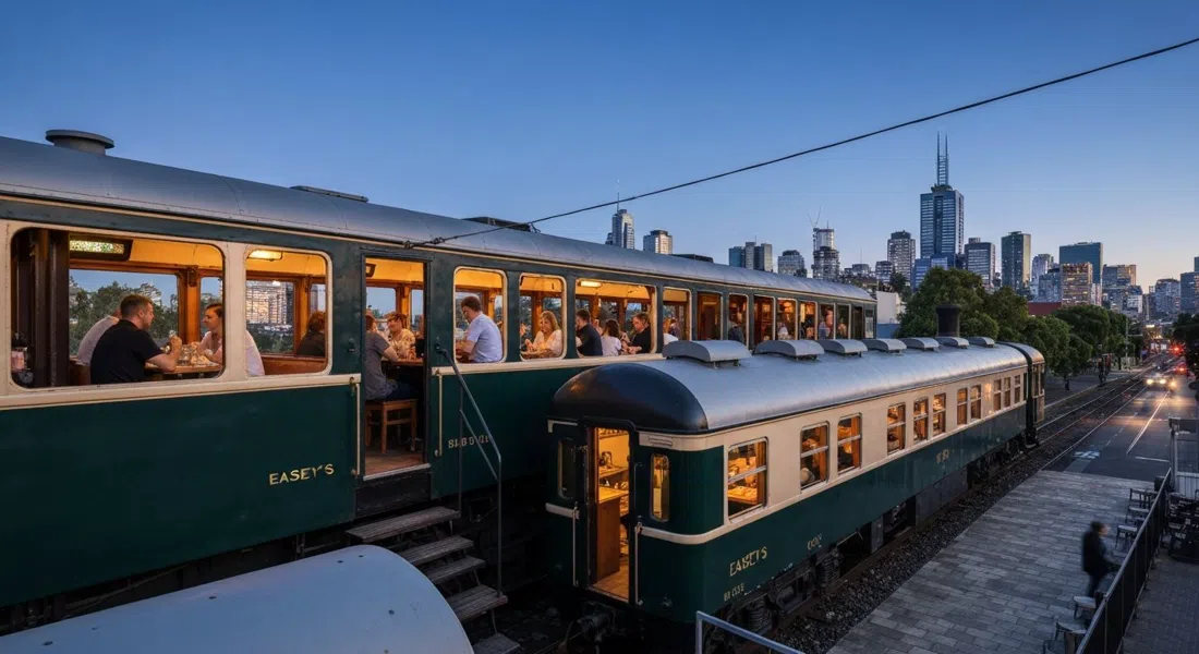 the Easey’s rooftop train carriages on Easey Street at dusk, diners inside the retro carriages looking out over Collingwood with city views beyond