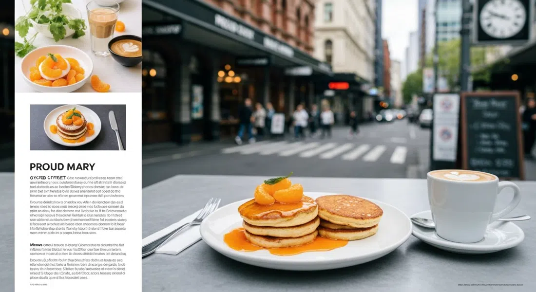mandarin-and-oolong hotcakes at Proud Mary on Oxford Street, plated in a bright cafe setting beside a carefully poured coffee