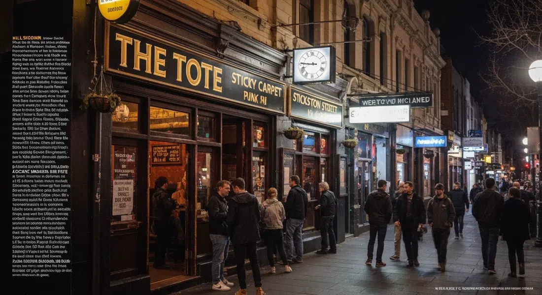 The Tote on Johnston Street at night, sticky-carpet pub exterior glowing under signage before a punk show