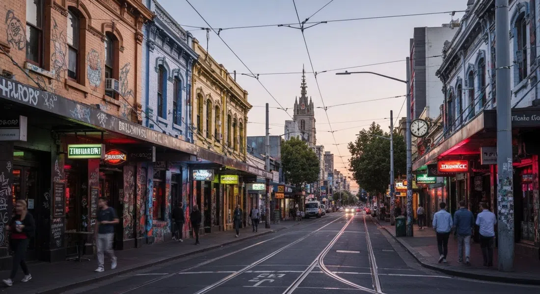 Brunswick Street in Fitzroy at dusk, tram wires overhead, mural-covered terraces and neon bar signs glowing along the strip
