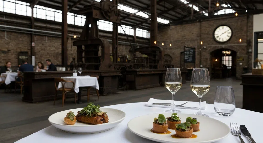 a polished tasting plate at Cutler & Co in Fitzroy, fine-dining plating on a white tablecloth inside a former metal works