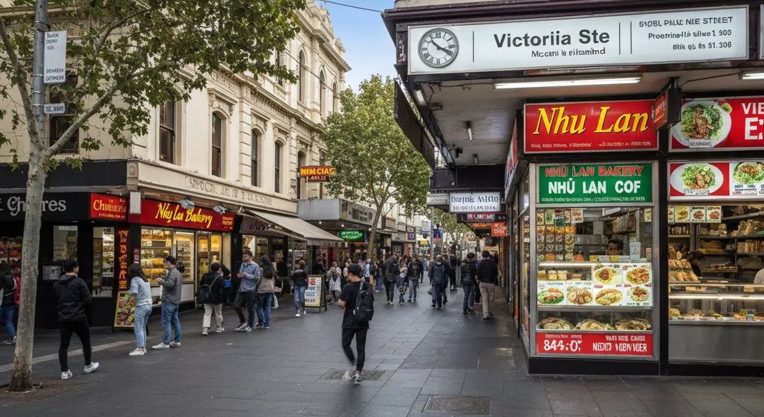 Victoria Street in Richmond at lunchtime, queues outside Nhu Lan Bakery and fluorescent shopfronts packed with Vietnamese food signs