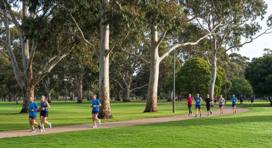 runners and walkers on the Tan gravel loop beside the Royal Botanic Gardens at early morning, eucalyptus trees and open lawns catching soft light