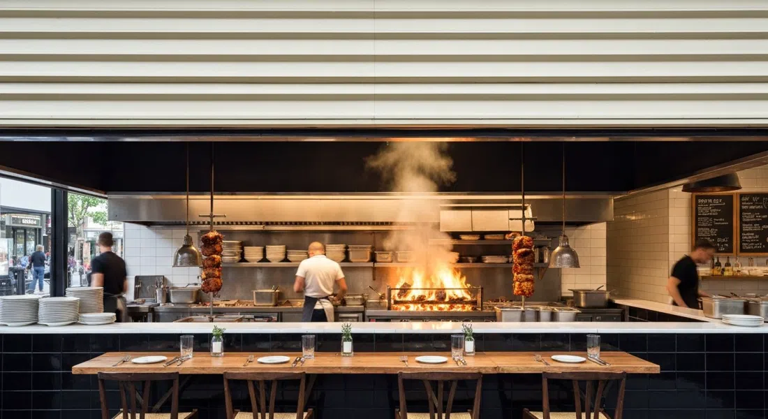 the open kitchen at Matilda 159 Domain with a rotisserie and live-fire glow, smoky produce-led plates setting on the pass
