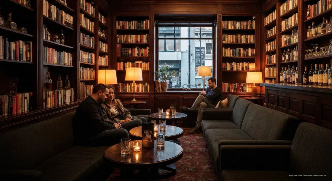 the upstairs library-style lounge at Katuk on Chapel Street, warm lamps, sofas and whisky glasses in a quiet corner bar