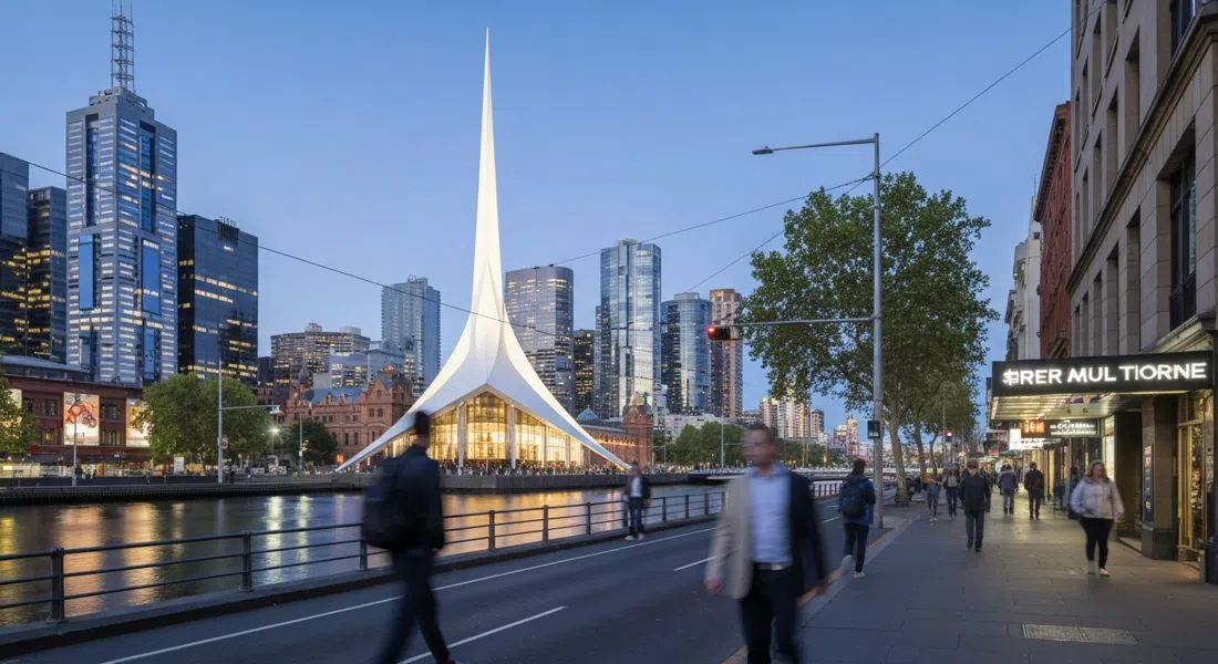 Arts Centre Melbourne’s white spire glowing against the evening sky on St Kilda Road, with the Yarra and glass towers beyond