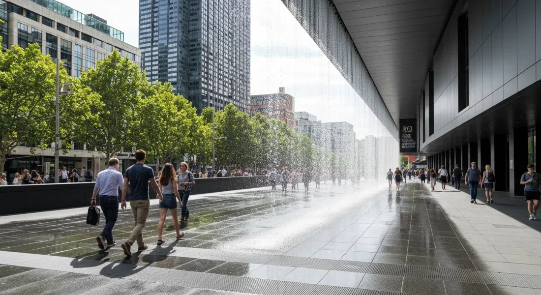 the Water Wall at NGV International with visitors walking through the curtain of water at the entrance on a bright daytime visit