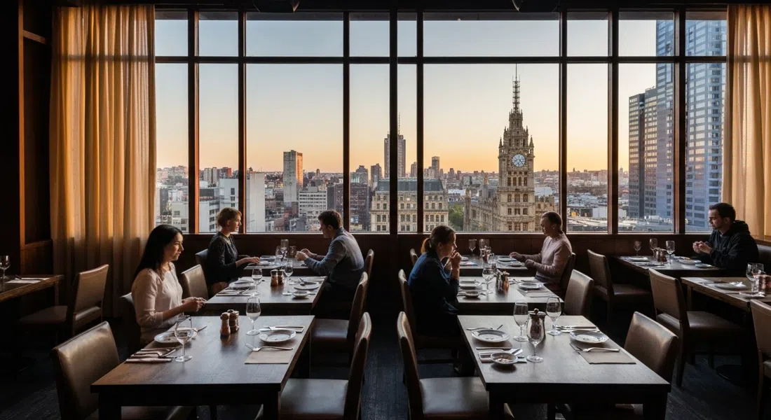 the top-floor bay-window dining room at Mya Tiger inside the Espy, sunset light on tables with Peking duck arriving