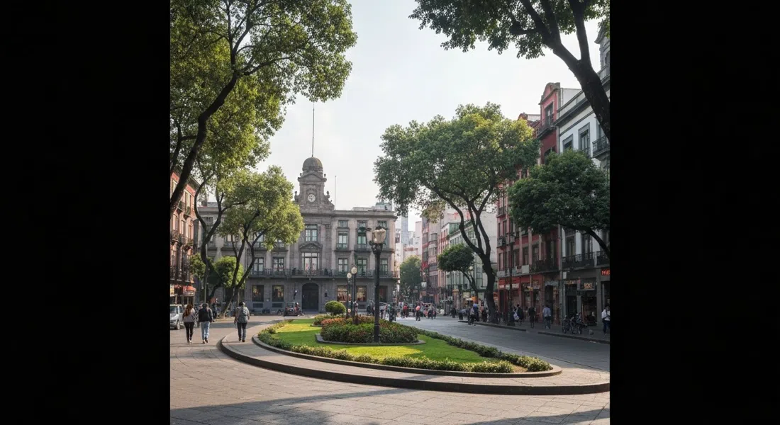 Avenida Amsterdam’s tree-lined oval in Condesa, the planted median and Art Deco apartment facades curving away in soft morning light