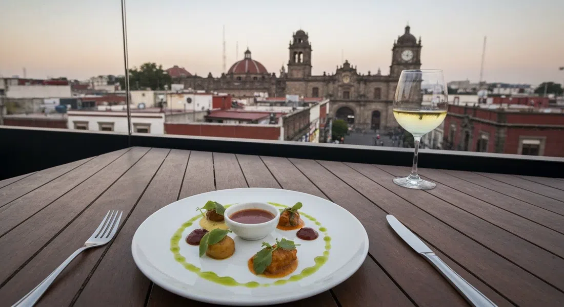 a plated seasonal tasting dish at Esquina Común on a rooftop table, evening light catching herbs and sauces with Condesa rooftops beyond