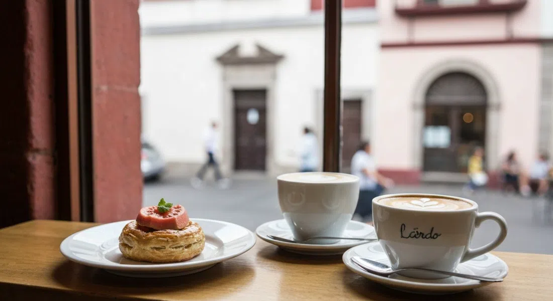 a guava pastry and coffee at Lardo by a bright window, with morning light and the restaurant’s Mediterranean-Mexican breakfast setting