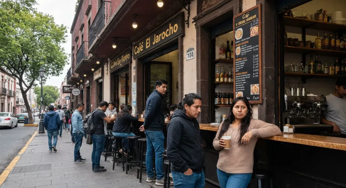 the standing-room-only counter and curbside coffee scene at Café El Jarocho, with locals holding cinnamon cappuccinos beside the street
