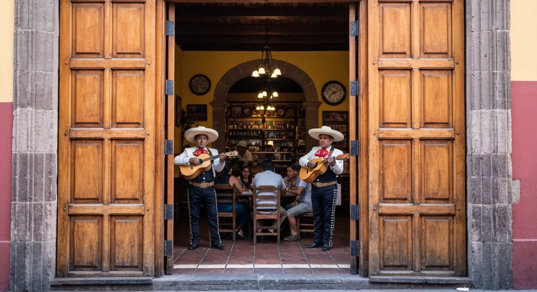 the swinging wooden doors and bustling interior of La Coyoacana on Higuera 14, with mariachis playing near a crowded table