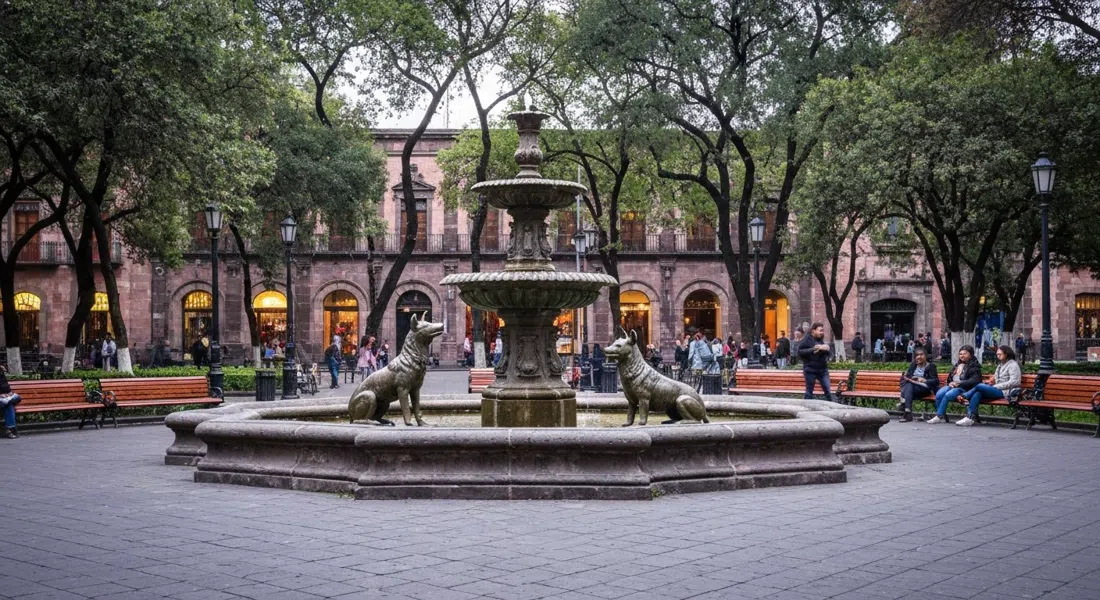 the Fuente de los Coyotes in Jardín Centenario, bronze coyotes and stone fountain surrounded by benches and trees at late afternoon